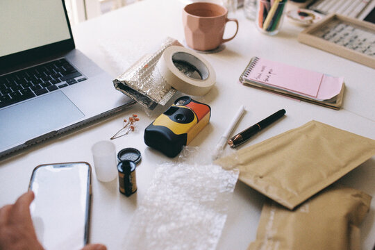 Creative Office Workspace With Analog Photography