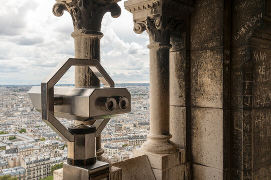 France, Paris, Montmartre. Telescopic viewing devices in the viewing platform at the top of the Sacr&eacute;-C&oelig;ur Basilica.