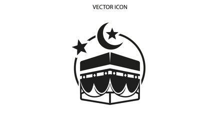 Fototapeta premium Kaaba Mecca Vector Icon with Crescent Moon and Stars, Islamic Holy Site and Pilgrimage Symbol, Isolated White Background