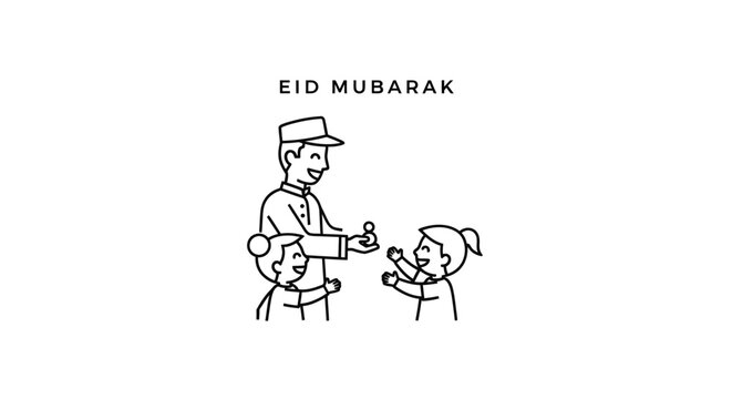 Happy Muslim Man Giving Eidi Money to Cheerful Children for Eid Mubarak Celebration, Outline Sketch on Isolated White Background