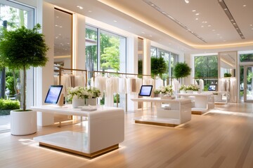 Naklejka premium Modern Fashion Boutique Interior with Digital Displays and Elegant Fittings
