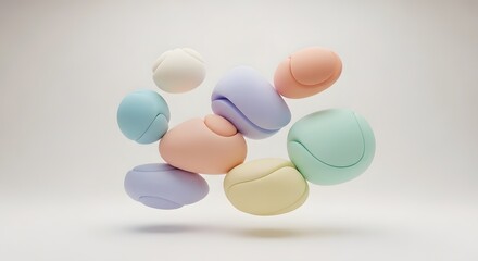 Abstract Composition of Pastel Spheres: An artistic arrangement of soft, pastel-colored spheres floats gracefully, creating a serene and captivating visual.