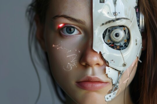 A woman face with a robotic half, showing a mechanical eye