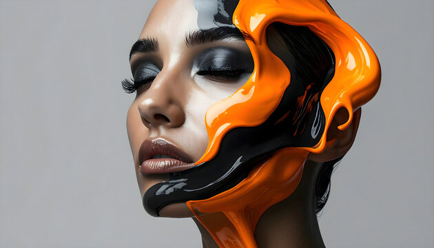 Woman's face with flowing black and orange paint