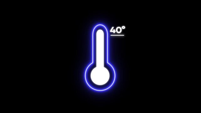 Glowing blue thermometer with 40 degree temperature reading on black background for weather forecast or climate change concept