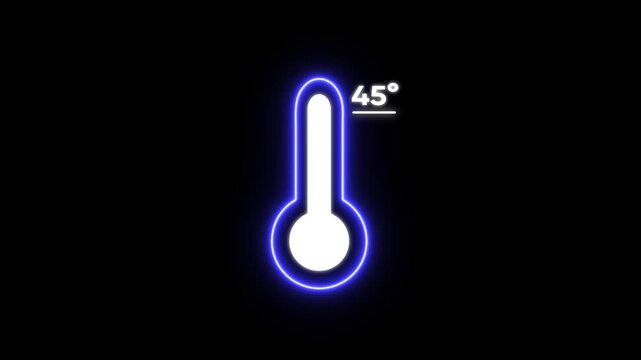 Glowing blue thermometer with 45 degree temperature reading on black background for weather forecast or temperature concept