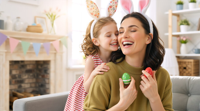 Cheerful mother and daughter with Easter eggs wearing  bunny ears. Happy mom and child celebrating holiday. Mother holds colorful painted Easter eggs while her daughter hugs her from behind