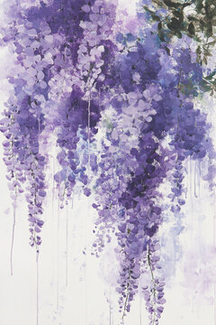 Beautiful wisteria blossoms. Flowing, cascading shapes in shades of lavender, violet, and soft lilac. Watercolor illustration.