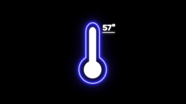 Glowing blue thermometer with 57 degree temperature reading on black background for weather forecast or temperature concept