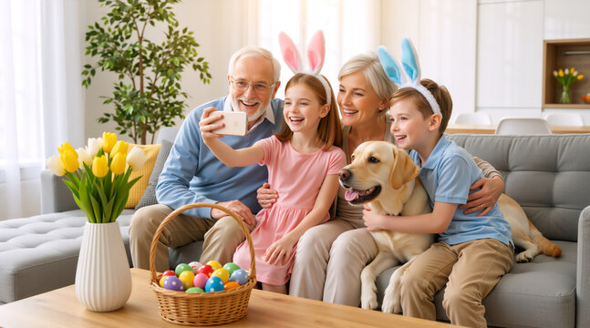 Happy family taking selfie with dog during Easter celebration. Grandparents and children with bunny ears posing for photo at home. Spring holiday and togetherness concept. Capturing memories