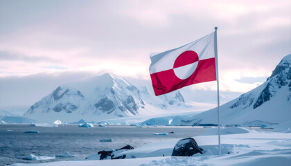 Greenland flag flying over icy arctic landscape