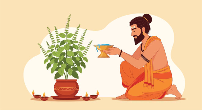 A hindu monk offering water to a tulsi plant in prayer