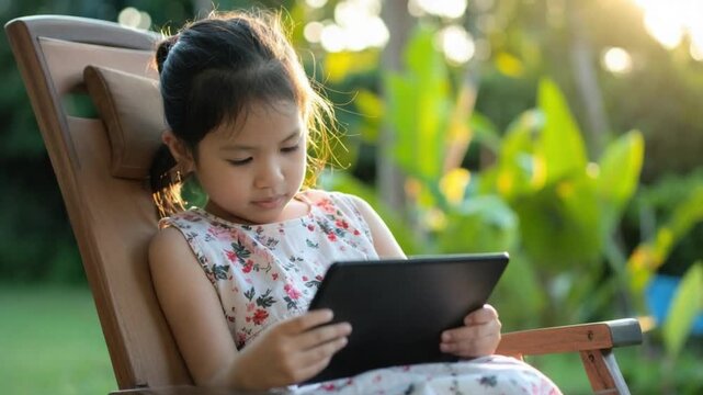 Young Asian girl enjoys digital learning on tablet outdoors at sunset
