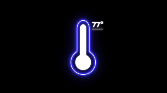 Glowing Blue Thermometer with 77 Degrees Temperature Reading on Black Background neon