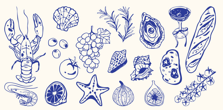 Hand-drawn Mediterranean seafood and food set in Dolce vita style. Lobster, oysters, shrimp, bread, grapes, lemon and herbs in doodle outline sketch. Italian cuisine vector illustration isolated.
