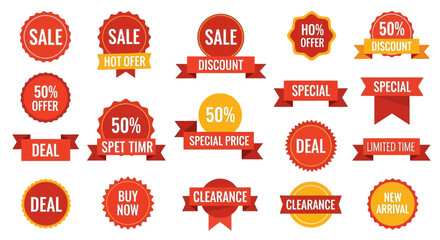 Obraz premium Collection of red and yellow sale badges for promotional advertising