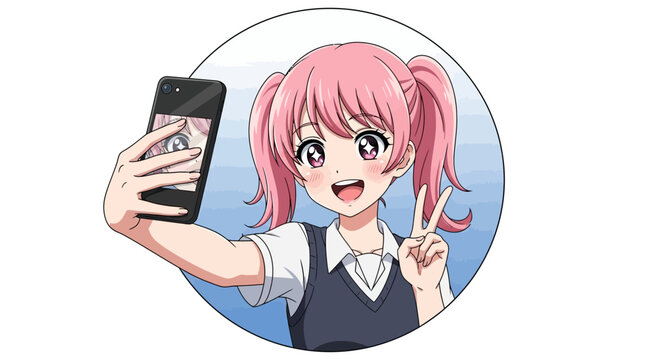 Cartoon Girl Taking Selfie with Phone.