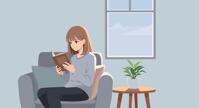 Woman Sitting on Sofa Reading Book.