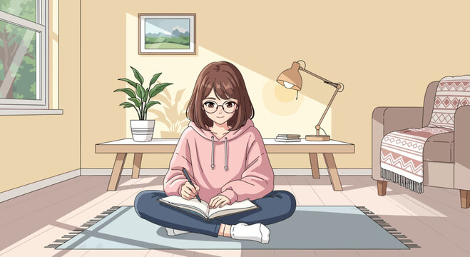 Woman Sitting on Floor Reading Book.