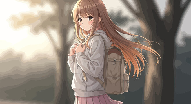 Young Anime Girl with Long Hair Outdoors.