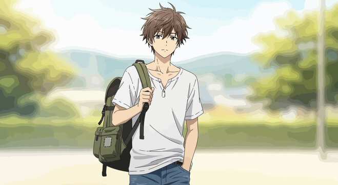 Young Anime Male Character with Backpack.