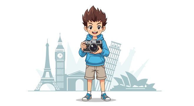 Young boy holding camera in casual attire.