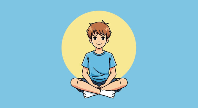 Young Boy Meditating in Lotus Position.