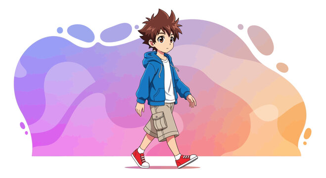Young Cartoon Boy Walking in Casual Outfit.