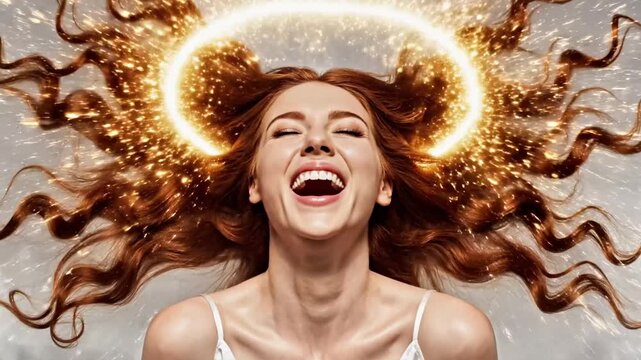 A woman with long, flowing hair and a radiant halo above her head, expressing joy or ecstasy with her eyes closed and mouth open in a scream of delight