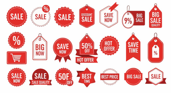 Collection of red sale tags and badges for commerce and advertising