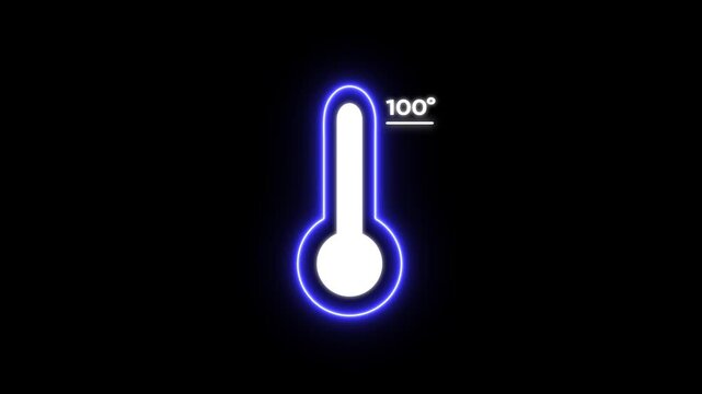Glowing blue thermometer with 100 degrees reading on black background temperature heat measurement symbol