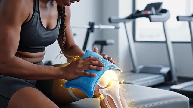 Athlete applying ice pack to injured knee with glowing bones and muscles in a gym setting
