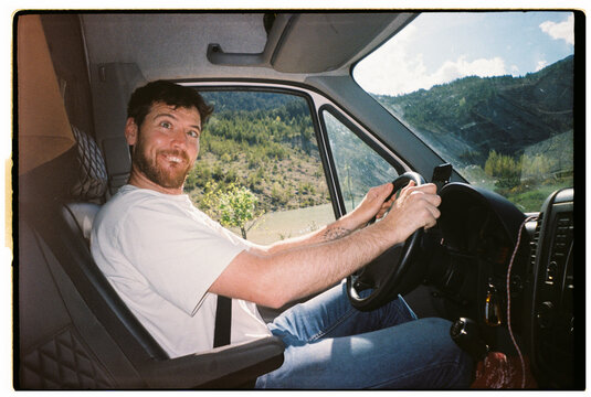Fun man drive van vacation
