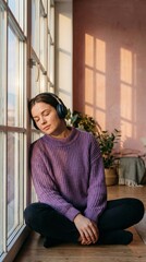 Fototapeta premium Woman with Headphones Resting by Window in Warm Sunlight, Mindful Relaxation Concept
