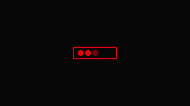 Red traffic light indicator loading animation progress bar with Five red dots moving in a rectangular box on black background.