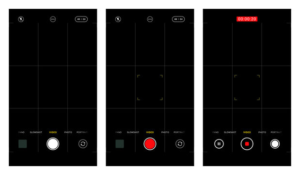 Vector set of portrait smartphone camera UI overlays featuring grid lines and focus lock indicator. Ideal for UI mockups, app design, and video/photo templates.