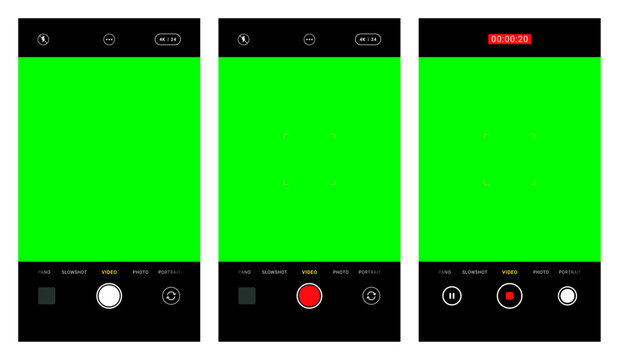 Vector set of portrait smartphone camera UI overlays featuring focus lock and green screen. Ideal for UI mockups, app design, and video/photo templates.