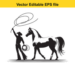 Cowboy Riding Horse Silhouette Lasso Throwing Action - Vector Illustration