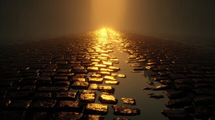 Illuminated stone path leads toward a bright, distant light source shrouded in mist