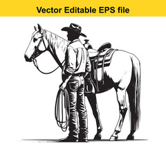 Cowboy with Horse Vector Illustration - Western Style Character
