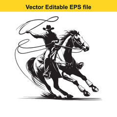 Cowboy Riding Horse with Lasso Rope - Vector Illustration