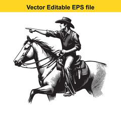 Cowboy on Horseback Pointing Direction Vector Illustration