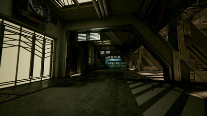Obraz premium dark spaceship corridor interior industrial lighting, moody abandoned passage with metal catwalks and grated flooring, soft neon panels and distant control room