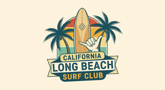 Vintage California Long Beach Surf Club Logo with Surfboard, Palm Trees, and Shaka Hand Sign on Cream Background
