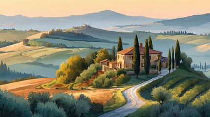 Sunlit tuscan villa on rolling hills