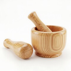 Fototapeta premium Wooden mortar and pestle set made of natural pine wood isolated on white background
