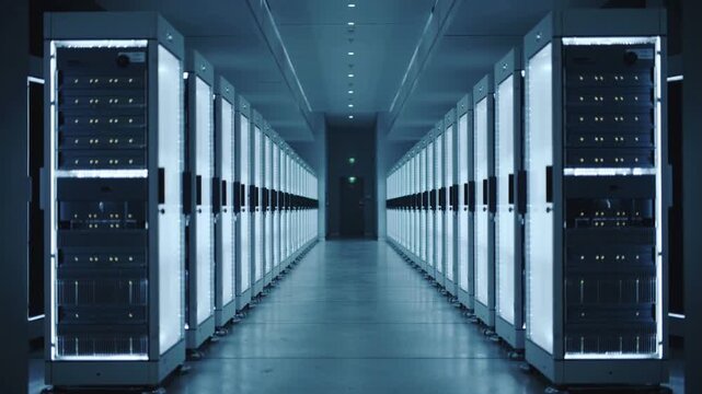 Data Center Corridor with Illuminated Server Racks