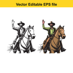 Cowboy Riders on Horseback Waving Hand Vector Illustration