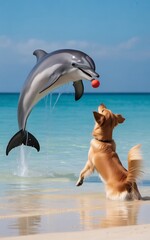 Dog and dolphin playing with ball on beach, summer fun scene