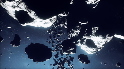 Dense asteroid belt with drifting fragments and dramatic illumination, scattered rocks tumbling through narrow orbits creating chaotic trajectories © icetray